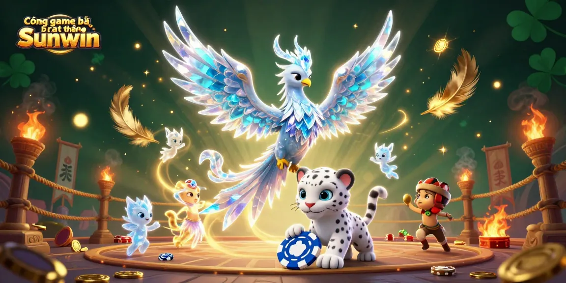 Cổng game bài đổi thưởng Sunwin features a dazzling 3D scene with an ice phoenix, snow leopard cub, and ice sprites amidst vibrant casino elements.