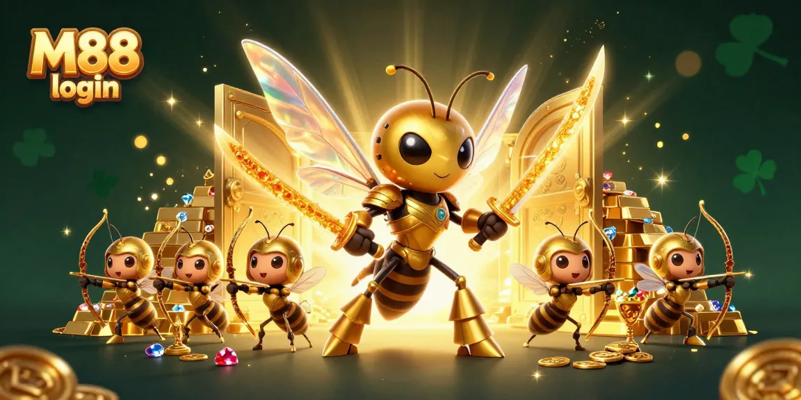 Experience M88 login with this dynamic 3D scene featuring an ornate golden hornet and treasure.