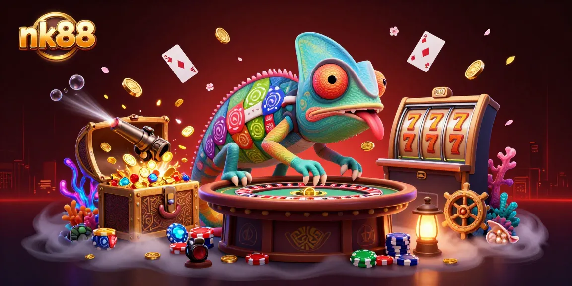 Win big with nk88 at this vibrant casino scene featuring a colorful chameleon owner and slot machines.