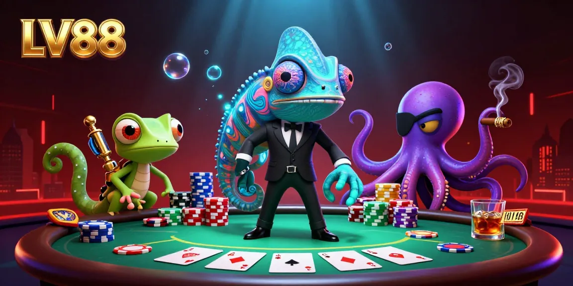 Players enjoy a thrilling poker match at LV88, surrounded by vibrant casino elements and characters.