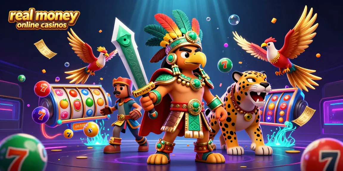 Explore exciting real money online casinos depicted with vibrant 3D casino elements and dynamic characters.