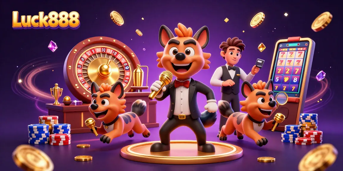 Experience the excitement of Luck888 with animated hyenas, casino elements, and vibrant energy.
