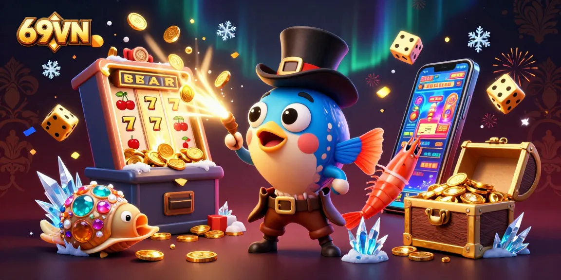 Explore exciting gambling with 69VN in this vibrant scene featuring a jackpot slot machine and treasure